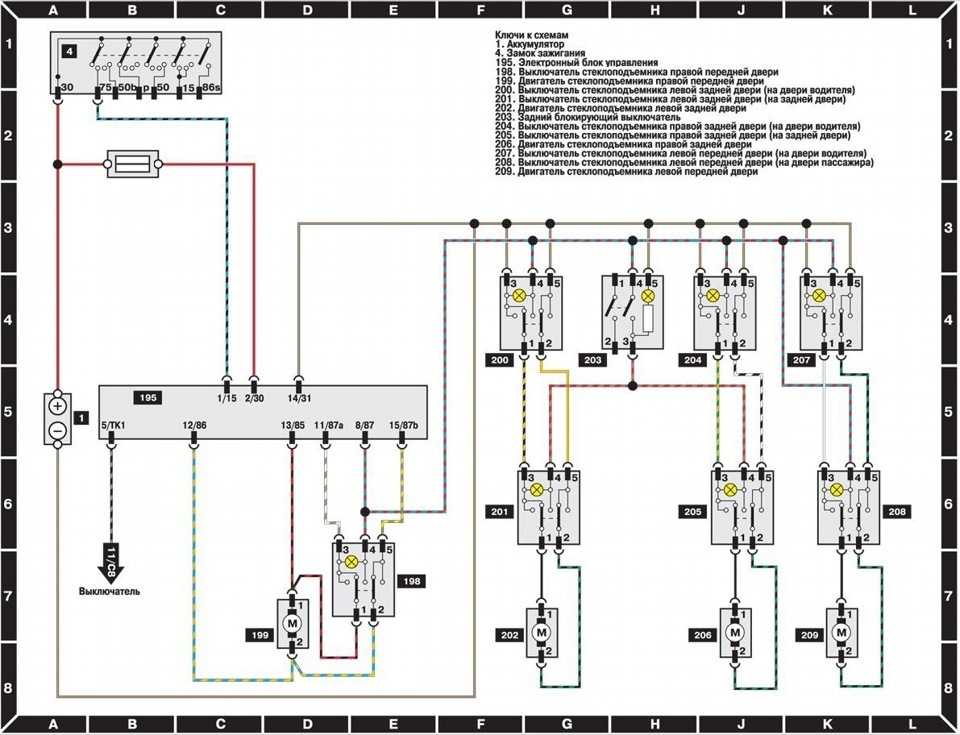 Цветная схема электрооборудования audi (80 b4 и b3, 100 c3, a6 c4 и c5) с описанием проводки