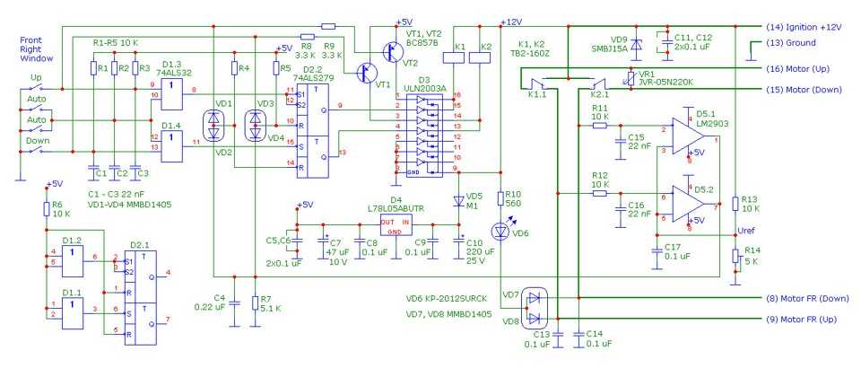 Схема платы управления стеклоподъемниками приора
